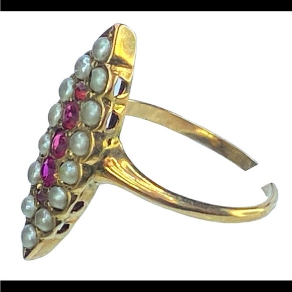 Art Deco 10K yellow gold 0.1ct Ruby Seed Pearl Navette ring ❤️ - Picture 6 of 9